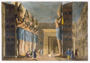 Chrám Ramesse II (1279-13 př.nl) Abu Simbel, Egypt, deska 4 z „Le Costume Ancien et Moderne“ od Julese Ferraria, vydáno kolem 20.–30. let 18. století